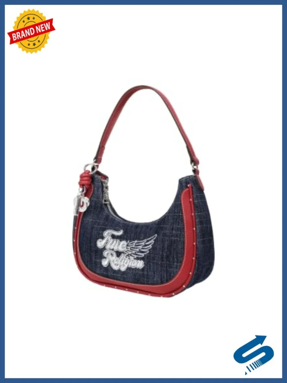 True Religion Denim Hobo Bag – Wing Motif, Polyester Blend